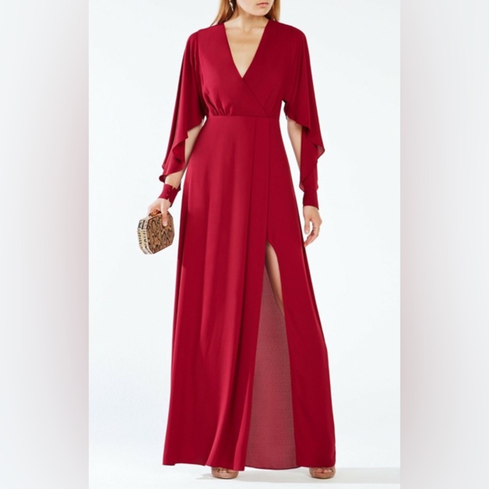 Bcbg Maxazria Deep Cranberry Doran Draped-sleeve Gown